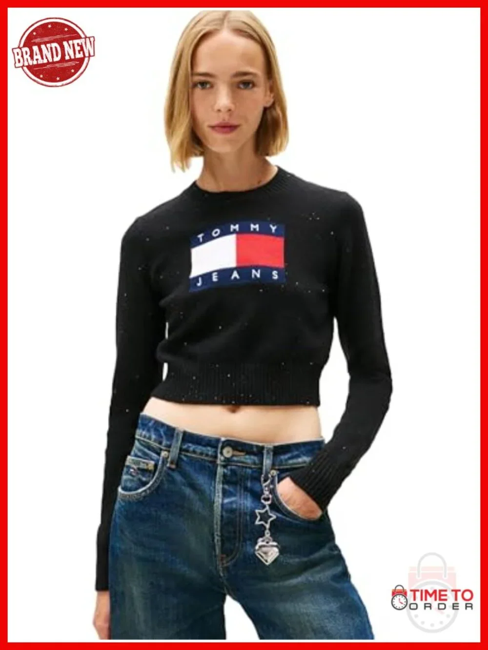 Long Sleeve Pullover Crewneck Sweater With Big Flag Logo and Sparkle Detail